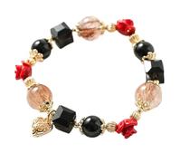 Natural Crystal Bracelet Feng Shui Lucky Rose Charm Hollow Out Heart Pendant Black Onyx Red Rutilated Quartz Beaded Elastic Bracelet for Women Girls Femininity Love Good Luck Prosperity Cinnabar