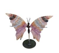 Natural Crystal Butterfly Wings Carving Set - Handcrafted Gemstone Ornament with Metal Stand, approx. 4.3-4.7 inches Wide - Elegant Home Office Decor & Collectible Sculpture