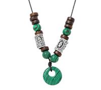Natural Crystal Donut Pendant Necklace Reiki Healing Stone Lucky Coin Necklaces With Wooden Beads Norse Viking Amulet Jewellery For Women Men Gift Malachite