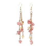 Natural Crystal Gemstone Earring, Strawberry Quartz Tumble Chip Stone Beaded Long Tassel Dangle Hook Earring Trendy Cute Summer Jewelry for Women Girls
