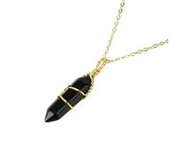Natural Crystal Hexagonal Pointed Gemstone Pendant Necklace for Women Men|Wire Wrap Charm with Gold Chain Chork Meditation Energy Amulet Jewelry Gifts Obsidian