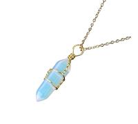Natural Crystal Hexagonal Pointed Gemstone Pendant Necklace for Women Men|Wire Wrap Charm with Gold Chain Chork Meditation Energy Amulet Jewelry Gifts Opal