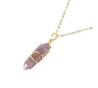 Natural Crystal Hexagonal Pointed Gemstone Pendant Necklace for Women Men|Wire Wrap Charm with Gold Chain Chork Meditation Energy Amulet Jewelry Gifts Amethyst