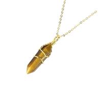 Natural Crystal Hexagonal Pointed Gemstone Pendant Necklace for Women Men|Wire Wrap Charm with Gold Chain Chork Meditation Energy Amulet Jewelry Gifts Tiger Eye