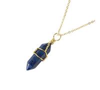 Natural Crystal Hexagonal Pointed Gemstone Pendant Necklace for Women Men|Wire Wrap Charm with Gold Chain Chork Meditation Energy Amulet Jewelry Gifts Lazuli