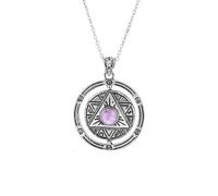 Natural Crystal Holder Necklace,Magic Amulet Double Ring Pendent with Silver Chain,Pentagram Pentacle Charm Necklace for Women Men Amethyst