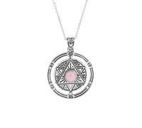 Natural Crystal Holder Necklace,Magic Amulet Double Ring Pendent with Silver Chain,Pentagram Pentacle Charm Necklace for Women Men Rose Quartz