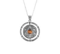 Natural Crystal Holder Necklace,Magic Amulet Double Ring Pendent with Silver Chain,Pentagram Pentacle Charm Necklace for Women Men Tiger Eye