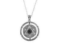 Natural Crystal Holder Necklace,Magic Amulet Double Ring Pendent with Silver Chain,Pentagram Pentacle Charm Necklace for Women Men Obsidian