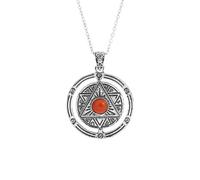 Natural Crystal Holder Necklace,Magic Amulet Double Ring Pendent with Silver Chain,Pentagram Pentacle Charm Necklace for Women Men Red Jasper