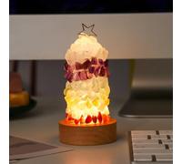 Natural Crystal LED Table Lamp Wooden Base Citrine Amethyst Gemstone Quartz Light Decorations for Desktop Home Bedroom Bedside Decor USB Powered
