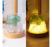 Natural Crystal LED Table Lamp Wooden Base Citrine Amethyst Gemstone Quartz Light Decorations for Desktop Home Bedroom Bedside Decor USB Powered