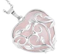 Natural Crystal Necklace For Women Dainty Hollow Filigree Wrapped Heart Pendant Necklace Healing Crystal Pendant Silver Chain Jewellery Gifts For Birthday Rose Quartz