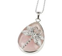 Natural Crystal Necklace For Women Textured Dragonfly Pendant Necklace Healing Crystal Pendant Silver Chain Spiritual Jewellery Gothic Gifts For Women Men Rose-Quartz