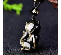 Natural Crystal Obsidian Fox Necklace Pendant Bead with Adjustable Chain