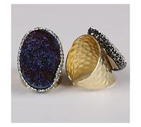 Natural Crystal Rough Big Gold Rim Vintage Retro Green Dark Green geode Crystal Stone Slice Bead Charm Adjust Open Hammered Ring Cuff for Woman Man Home Decoration ( Color : Resizable , Size : Purple