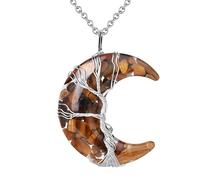 Natural Crystal Stone Necklace Silver Tree Life Wire Wrapped Moon Crystal Pendant Necklace With Adjustable Chain Jewellry Mothers Day Gifts For Mum Women Tiger Eye