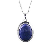 Natural Crystals Oval Pendant Holder Necklace for Women Men|Gemstone Bead Charm with Silver Chain Choker Amulet Yoga Jewelry Gifts Lapis Lazuli