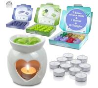 Natural Deluxe Wax Melts Gift Set - Starter Intro Pack - Heart-Shaped Ceramic Burner - 3 x 16 x 6g Heart Shaped Wax Melts (Apple, Lilac & Mixed Selection) with 10 Tealights