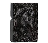 Natural Ebony Black Wood Carved Lighter Shell Box For Zippo Module (Lotus Fish)