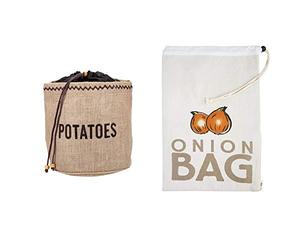 Natural Elements Potato Bag with Blackout Lining, Hessian, Brown, 24 x 24 cm & KitchenCraft Onion Bag, Canvas, Beige, 26 x 38 cm