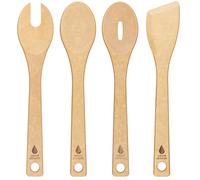 Natural Elements Recycled Wood Fibre 4-Piece Kitchen Utensil Set, Spatula, Cooking Spoon, Slotted Spoon & Spaghetti Server, Eco Friendly Wooden Cooking & Baking Tools, Plastic Free
