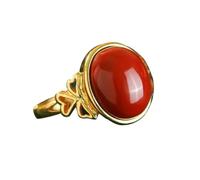 Natural Feng Shui Red Jade for Women Genuine Open-ended Ring South Red Oval Egg Side Bow Hollow S925 Silver Gold-Plated