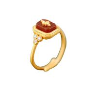 Natural Feng Shui Red Jade for Women Genuine Open Ring South Red Square S925 Silver Gold Plated