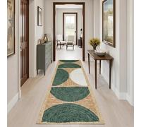Natural Fiber Collection Runner Rug 2.6x14 ft Ft Natural Handmade Jute Runner Thick 0.27" Geometric Half-Moon Green & White Rugs for Hallway, Kitchen, Balcony, Home Decor, Indoor Carpet