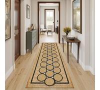 Natural Fiber Collection Runner Rug 4x14 Ft Natural Handmade Jute Runner Thick 0.27'' Geometric Black Circle & Border Rugs for Kitchen, Entryway, Indoor, Farmhouse Design Carpet