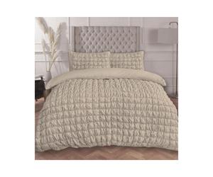 (Natural Filled Quilted, Double) OHS Quilted Seersucker Duvet Set Geo Filled Plush Plump Warm Soft Cosy Duvet Cover With Pillowcase Bedding Set Single Double King Super King