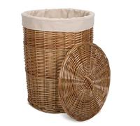 Natural Finish Round Laundry Wicker Basket Cotton Liner with Lid Bathroom Storage (Brown, Large)