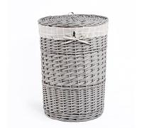Natural Finish Round Laundry Wicker Basket Cotton Liner with Lid Bathroom Storage (Grey, Large)