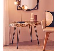 Natural Fir Wood Disc Mosaic Oval Coffee Table with Black Metal Hairpin Legs | L