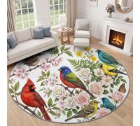 Natural Floral Bird Round Rug, 150 cm Rustic Plant Leaf Print Rug, Soft, Non-Slip, Washable Circle Mat, White Rugs, Carpet for Living Room, Bedroom, Entrance Floor Decoration