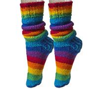 NATURAL FLOW Fair Trade Nepalese Boho Winter Wool Slipper Rainbow Stripe Socks 8-12". (Medium)