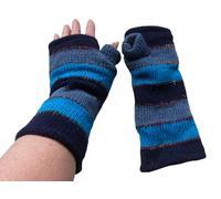 NATURAL FLOW Fair Trade Wool & Silk Fleece Lined Tube Fingerless Gloves Boho Wrist Warmers (Blue Mix)