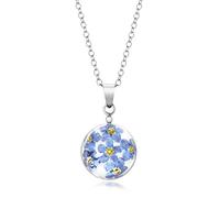 Natural Flower Jewellery Round/Spherical Pendant Made with Real Forget Me Nots Set in Resin, with Sterling Silver Fittings and Chain.