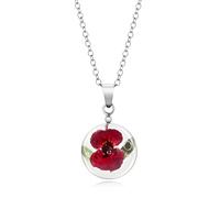 Natural Flower Jewellery Round/Spherical Pendant Made with Real Single Tiny Poppy Set in Resin, with Sterling Silver Fittings and Chain.