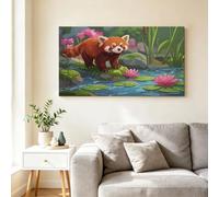 Natural Forest Animal Massive Framed Canvas Wall Art, Red Panda Rocks Green Moss Stream Artwork Wall Art Home Decor Poster - Pictures for Large Office Gallery - 140x70 cm