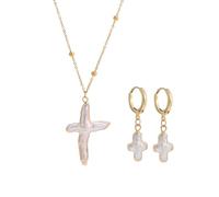 Natural Freshwater Pearl Cross Necklace, Pearl Cross Earrings for Women, Gold, Baroque Chunky Big Cross Pearl Necklace Earrings, Gold, Pearl