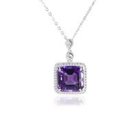 Natural Gemstone Amethyst Pendant Necklace, Square Cut Halo Design with CZ Accents Jewelry Set, 925 Sterling Silver Necklace Elegant Jewelry for Women