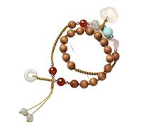 Natural Gemstone Bracelet, Sandalwood Jade Harmony Buckle Pendant Lock Lucky Charm Double Layer Bracelet Spiritual Talisman for Money Prosperity,Round Beads