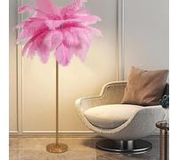 Natural Gold Ostrich Feather Floor Lamp, 48 Real Feathers with Adjustable LED Light, Elegant Standing Lamp for Bedroom Living Room Office Decor Modern Tall Reading Light Soft Glow Ambient Lighting