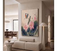 Natural Hand-Painted Flowers Birds Wall Art Prints Unframed, Artwork Wall Decor | Oriental Kingfisher Lotus Prints Canvas For Living Room 24X35 Inch, Beige Modern Poster Art Print For Bedroom