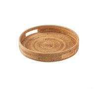 Natural Hand Woven Rattan Serving Tray With Built-in Handles For Easy Carrying And Storage In For Home Kitchen Or Picnic(25CM)