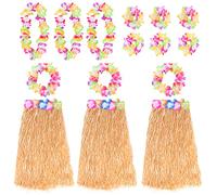 Natural Hawaiian Hula Skirt and Multicoloured Lei Set X3 - Flower Necklace, Headband and Bracelet - 80cm Grass Hula - Luau - Fancy Dress Costume Accessory