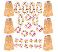 Natural Hawaiian Hula Skirt and Multicoloured Lei Set X6 - Flower Necklace, Headband and Bracelet - 80cm Grass Hula - Luau - Fancy Dress Costume Accessory