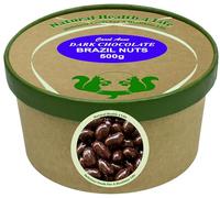 Natural Health 4 Life Carol Anne Confectionery Dark Chocolate Brazil Nuts 500g, Recyclable Kraft Tub and Sealed with Kraft Paper to Retain Freshness, Gluten-Free, Vegetarian,7.6g Protein/100g (1 Tub)