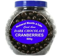 Natural Health 4 Life Carol Anne Confectionery Dark Chocolate Cranberries 500g, Chocolate Covered Cranberries in Recyclable Gift Jar, 2.6g Protein per 100g,Vegetarian Snack for Gifting, Baking (1 Jar)